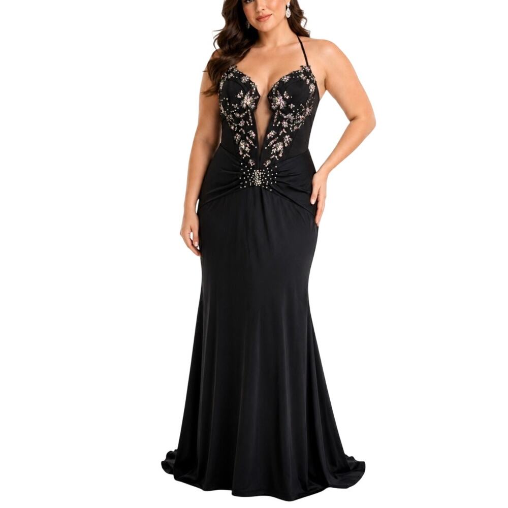 Jovani D5046 Black Evening Gown Beaded Satin Long Formal Mermaid Dress Size 12